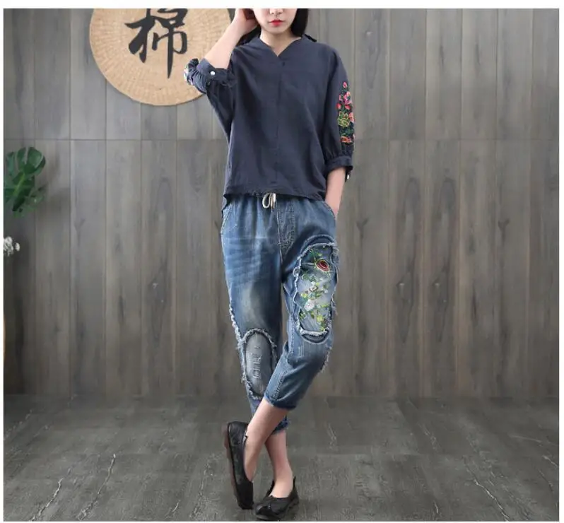 Винтажные женские джинсы с цветочной вышивкой размера плюс 3XL, весна-лето, Женские повседневные джинсовые штаны-шаровары с высокой эластичной талией