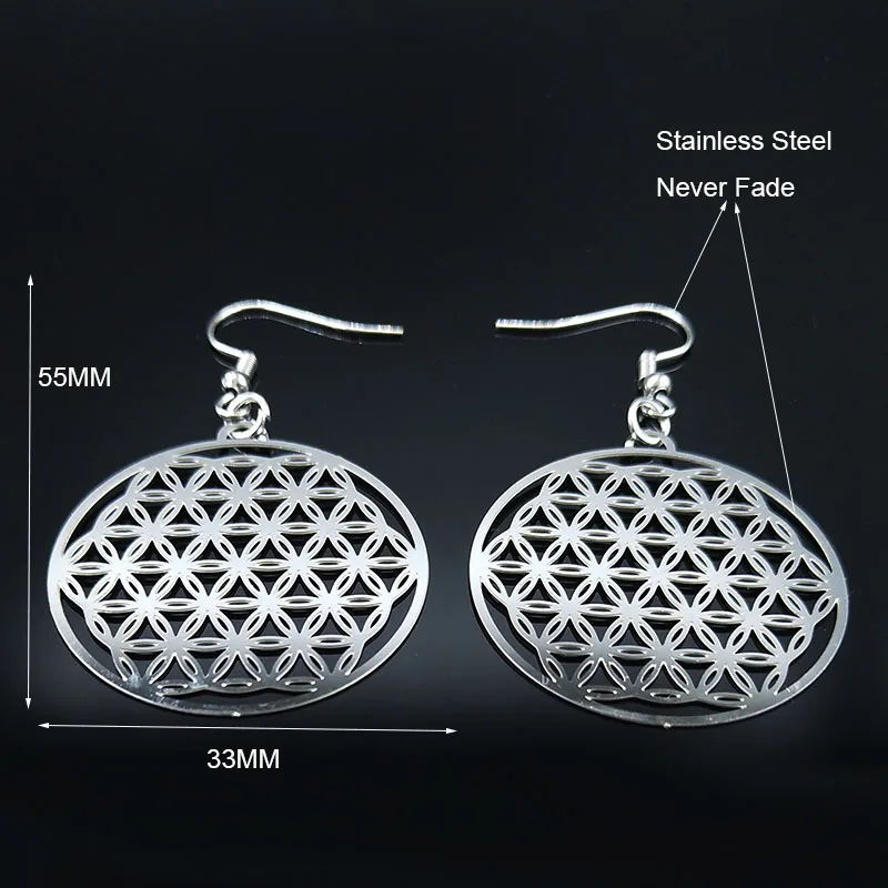 Flower of Life Stainless Steel Dangle Earrings Women Silver Color Earring Jewelry joyas de acero inoxidable para mujer E1558S02