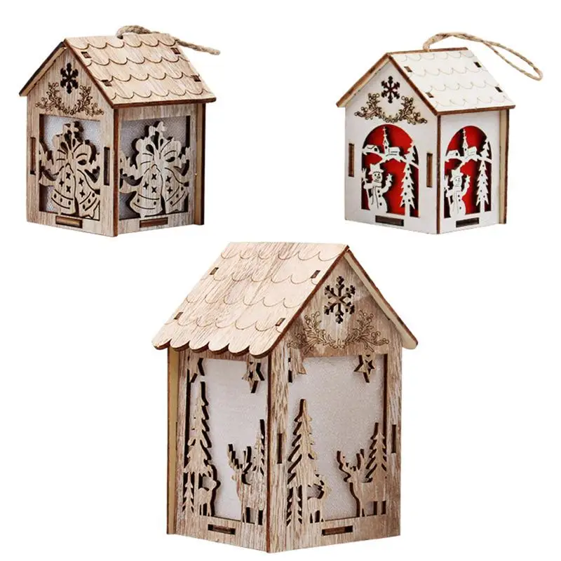 Hanging Christmas Light Up Log Cabin Ornaments Pendant Wooden Crafts Decorative Lamp For Home Xmas Party Decoration A35