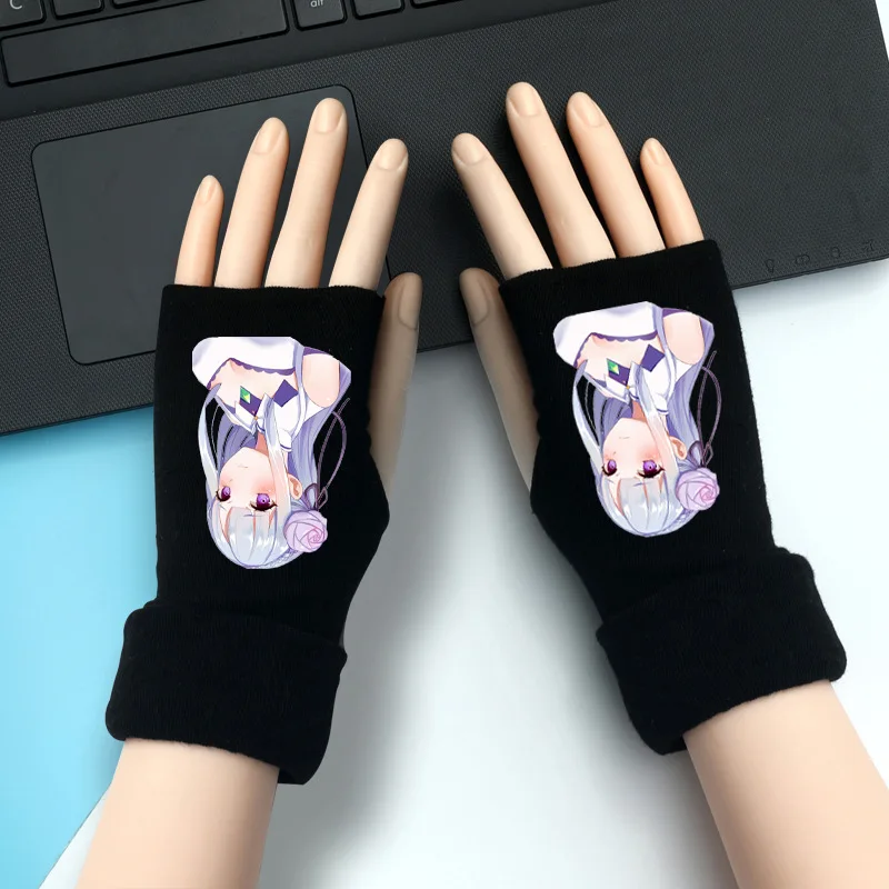 Re Life In A Different World Rem Ram Knitting Gloves Cotton Warm Half Finger Wrist Mittens Cosplay Prop Accessories Gift Winter