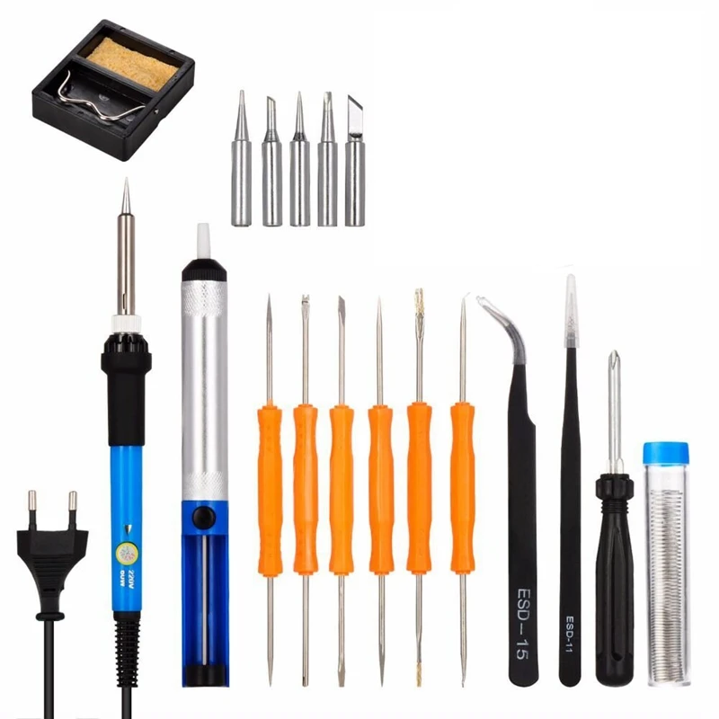 EU Plug，60W Adjustable Temperature Electric Soldering Iron Kit+5pcs Tips+Tweezers Solder Wire Portable Welding Repair Tool