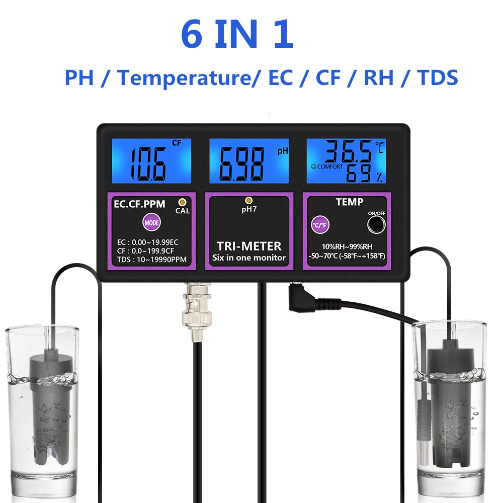 Digital 6-in-1 PH/TEMP/EC/CF/RH/TDS Detector Water Quality Tester Monitor