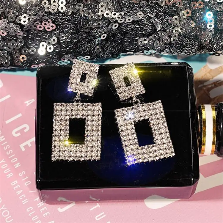 Brincos Para As Mulheres New Arrival High Quality Earrings Simple Design Full Rhinestone Sqaure Earrings For Women