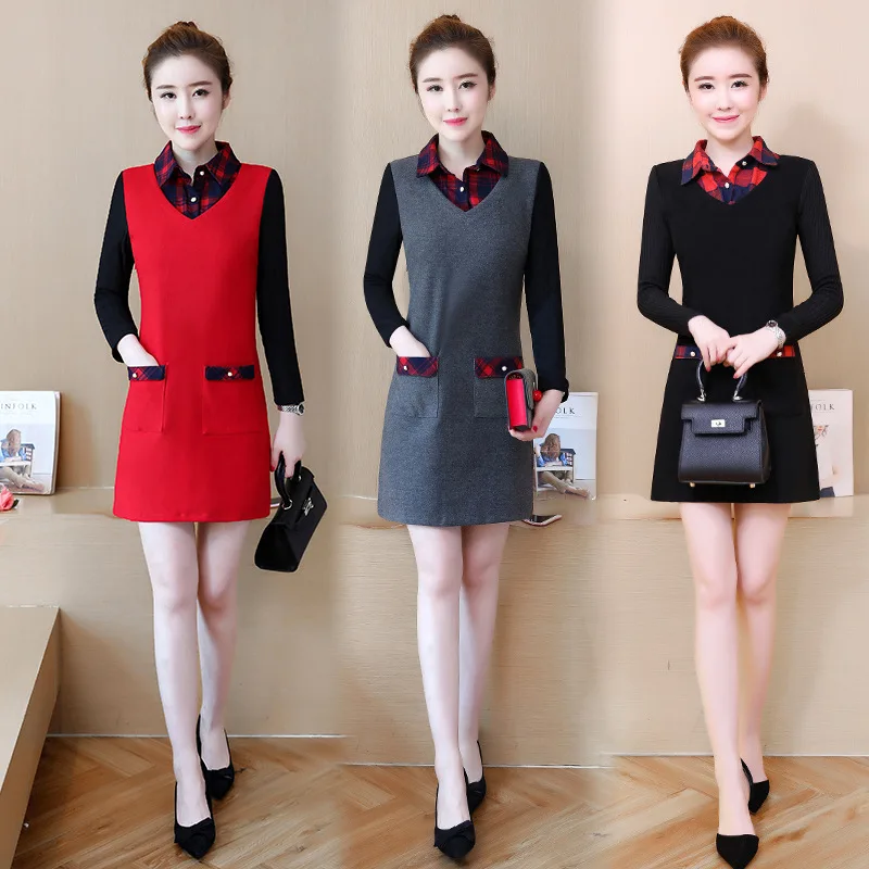 

2019 Autumn And Winter New Style Korean-style Mid-length Elegant Slim Fit Slimming Long Sleeve Mock Two-Piece Woolen Dress