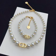 

CD Pearl Necklace Clavicle Chain Bracelet Jewelry Set for Women Jewelry High Quality Clavicle Chain Bangle Wedding Birthday Gift