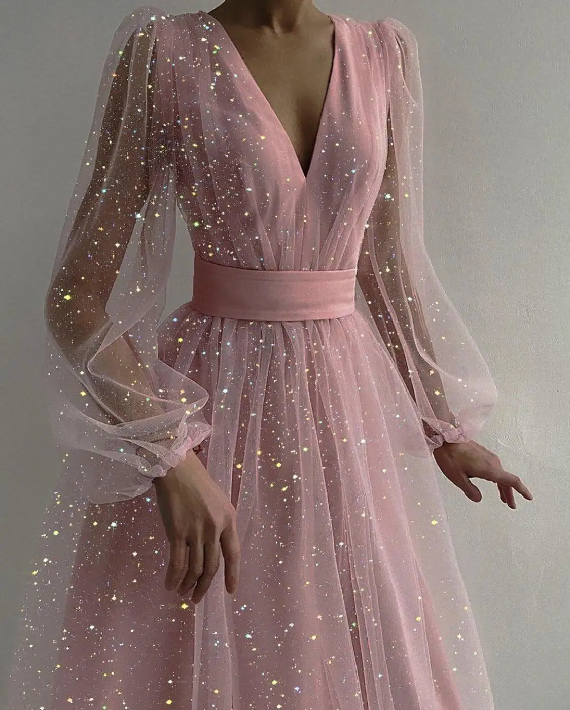 

BKLD Fashion Sequined Mesh Sexy Club Outfits Long Sleeve V Neck A-Line Knee Length Evening Party Dresses For Women 2024