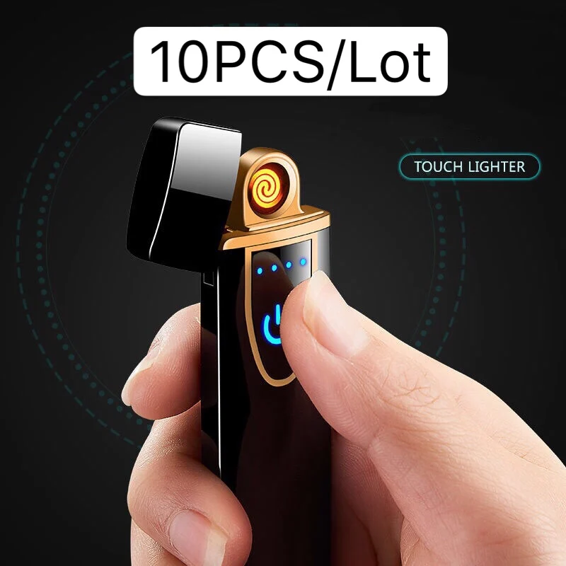 

10PCS/Lot Creative Windproof Electronic USB Cigarette Lighter Fingerprint Touch Screen Personality Lighters Gift Fashionable