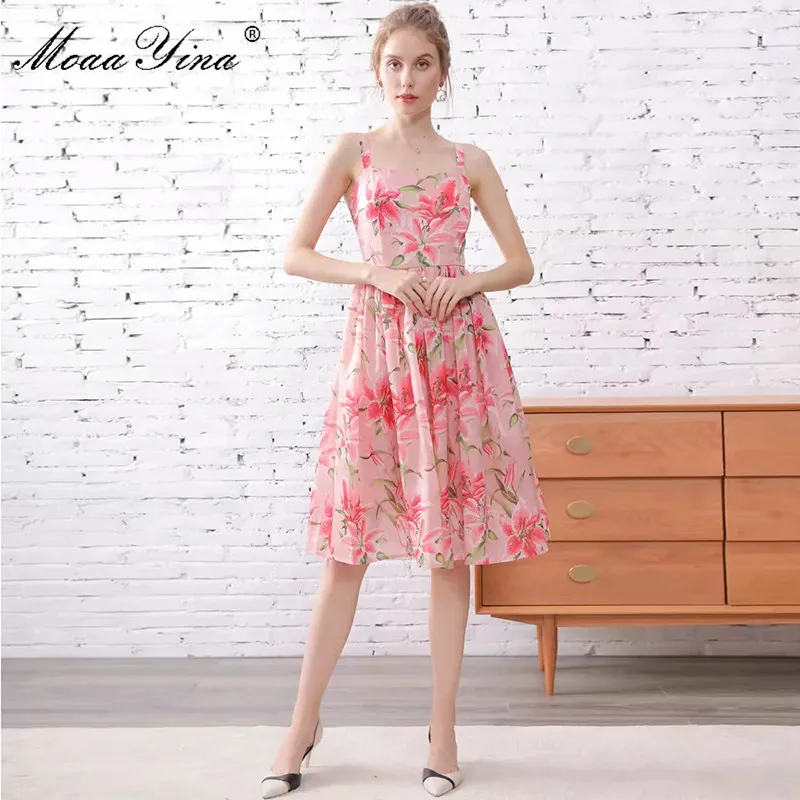 

MoaaYina Fashion Designer Runway Dress Spring Summer Women Spaghetti Strap Floral Print Holiday Romantic Elegant Dress