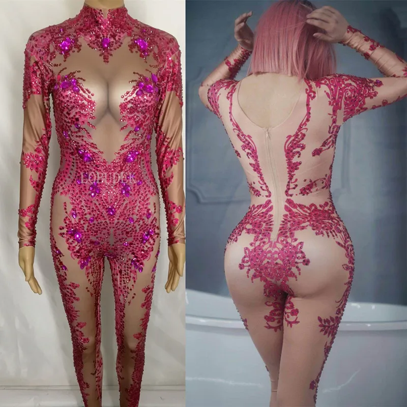 

Flower Printing Rose Rhinestones Jumpsuit Elastic Leotard Women Singer Dancer Nightclub Stage Wear Birthday Celebration Outfits