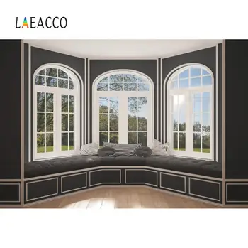

Laeacco Vintage Chic Wall Gray Window Bed Cushion Spring Scene Room Interior Photo Photographic Background Backdrop Photo Studio