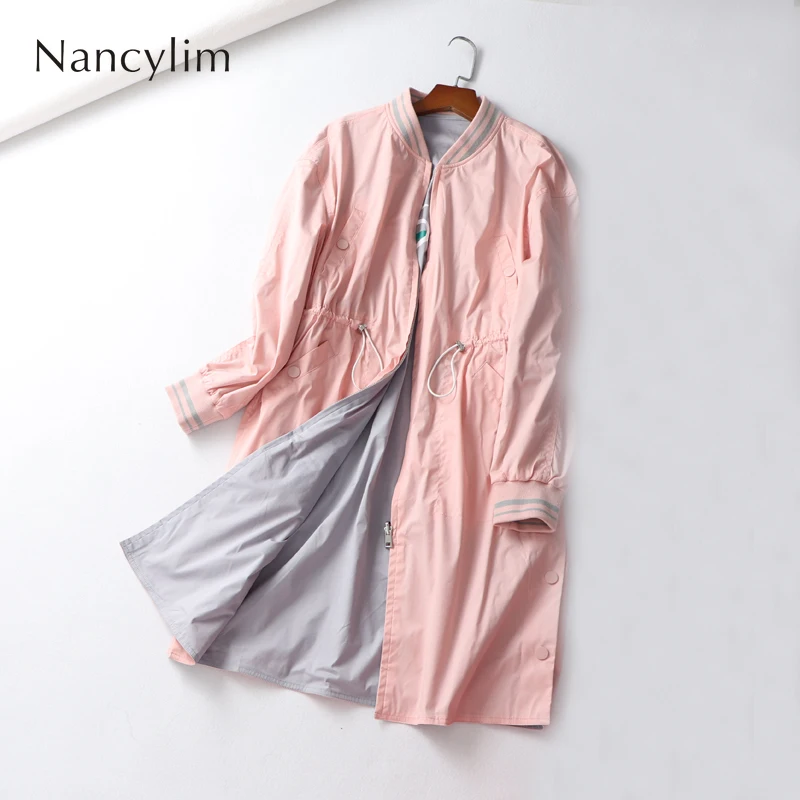 

Mid-long Trench Coat for Women Streetwear Two Sides Wear Drawstring Waist Windbreaker Autumn New Baseball Coat Student Femme