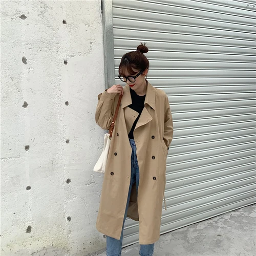 

Simple Classic Button Solid Loose All Match Turn Down Collar Rugular Basic Long Sleeve Female Women Trench Coats