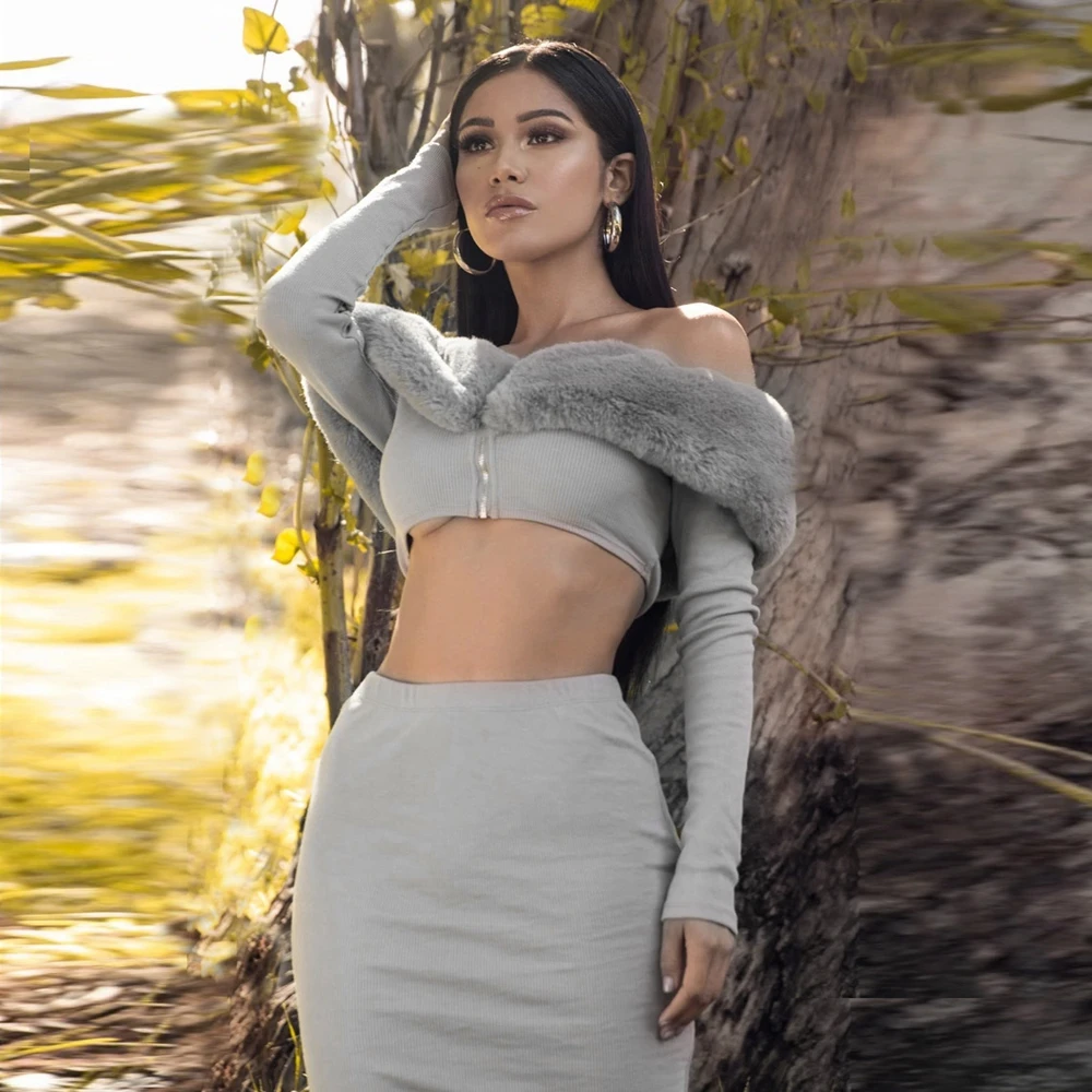 

OMILKA Off the Shoulder Fur Knitted 2 Piece Set Women Crop Top and Midi Skirt set 2019 Autumn Winter Gray Bodycon Ladies Outfits