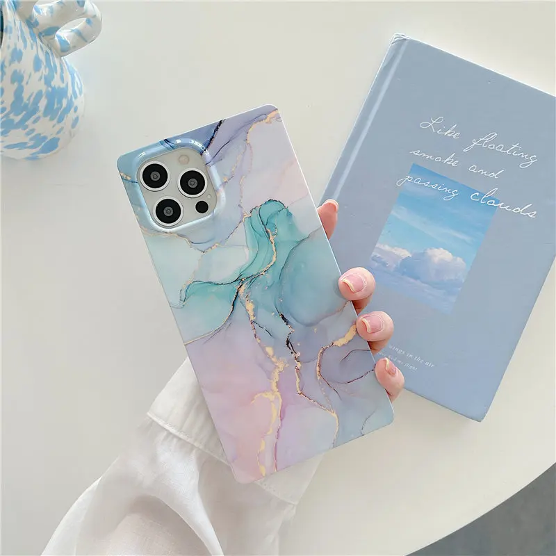 Square Vintage Marble Phone Case For iPhone 13 11 12 Pro Max X XR XS Max 7 8 Plus 11 Luxury Camera Protection Back Cover