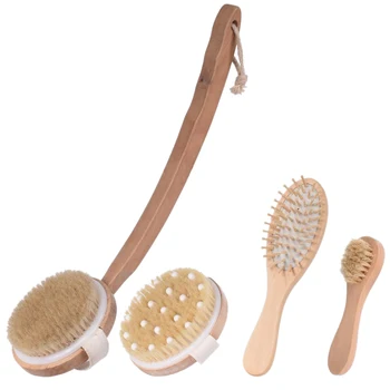 

ABSS-Bathtub Shower Brush Dry Cleaning Brush Set-Long Handle Solid Wood Body Brush, Bath Brush, Face Brush, Spa Massage Brush, A