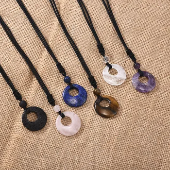 

Women Men Fashion Natural Crystal Quartz Round Hollow Stone Beads Pendant Chain Necklace