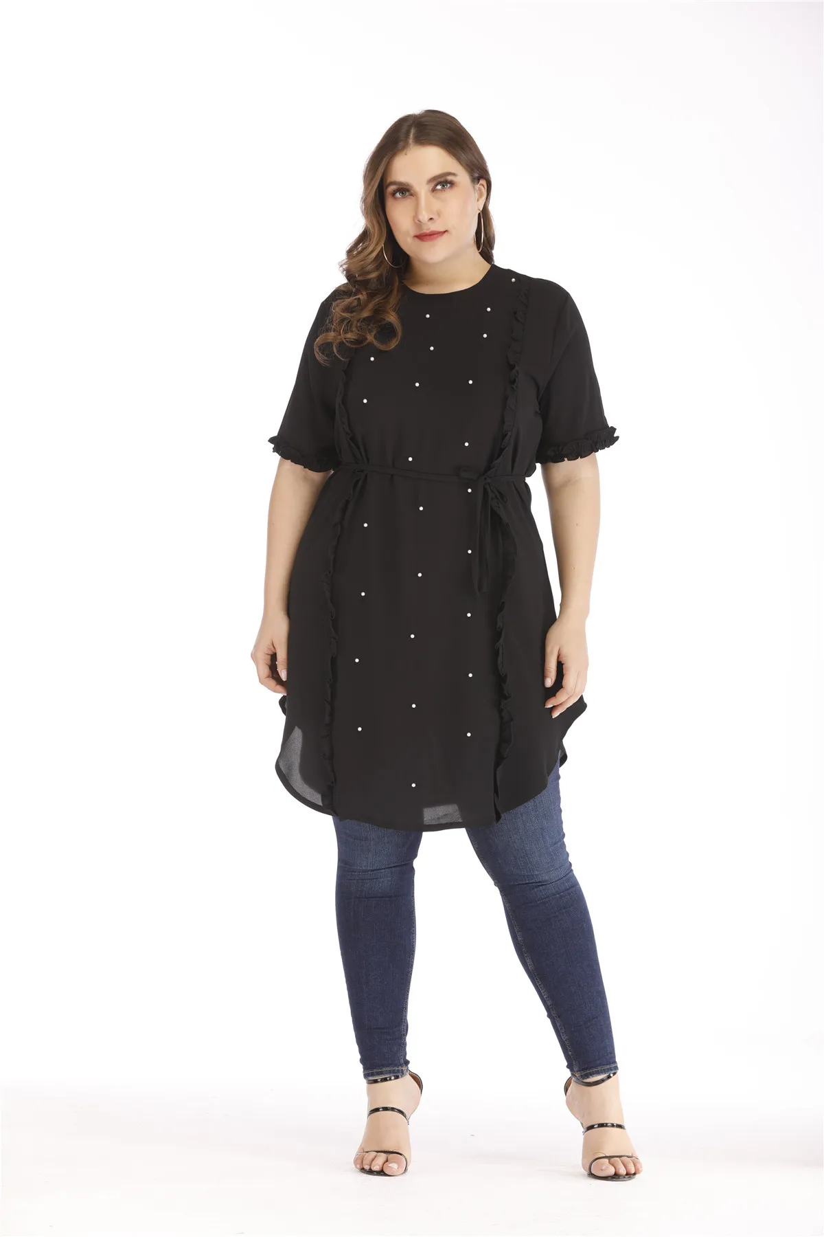 TUHAO, большие размеры 5XL 4XL 3XL, черные шифоновые блузки с бисером, женские длинные топы, модные повседневные рубашки с бисером, женские блузки WM01
