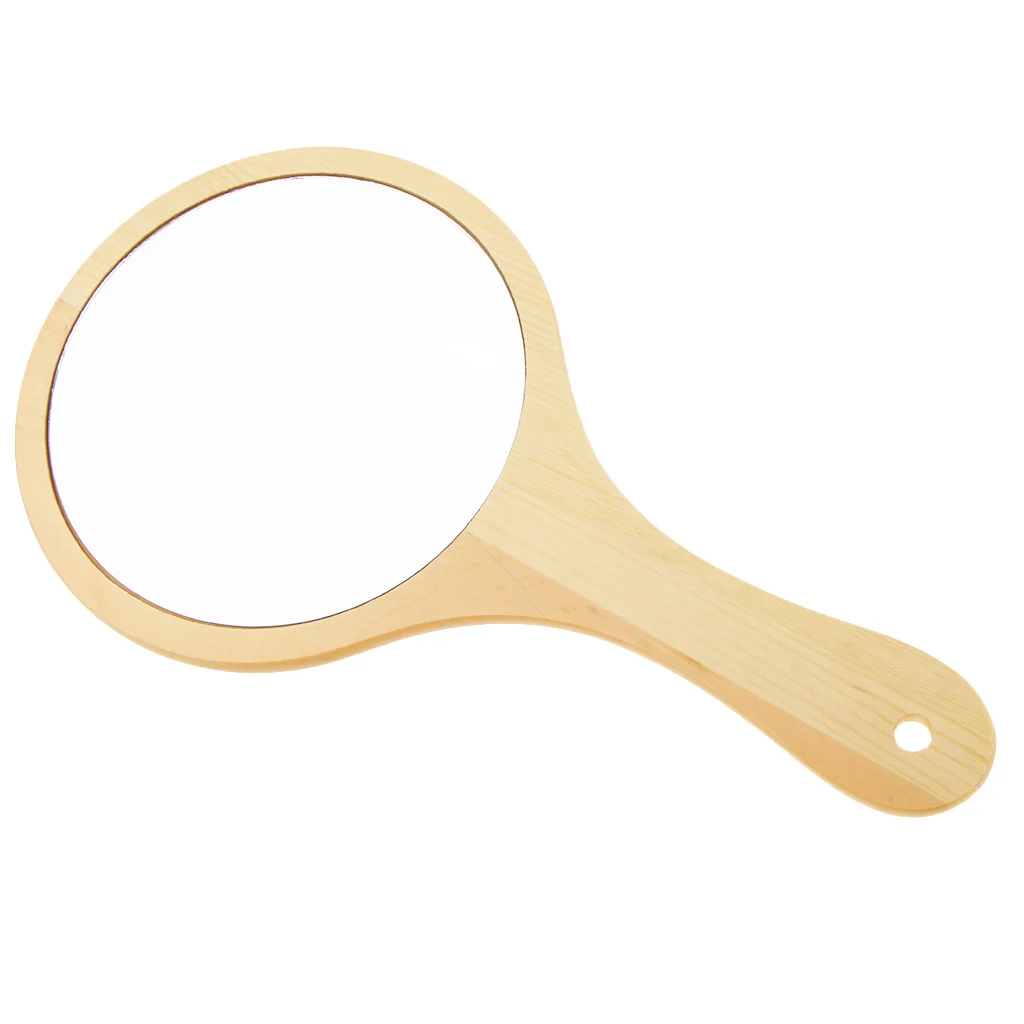 Portable Round Wooden Handheld Compact Makeup Vanity Hand Mirror with Hanging Hole for Bathroom Bedroom