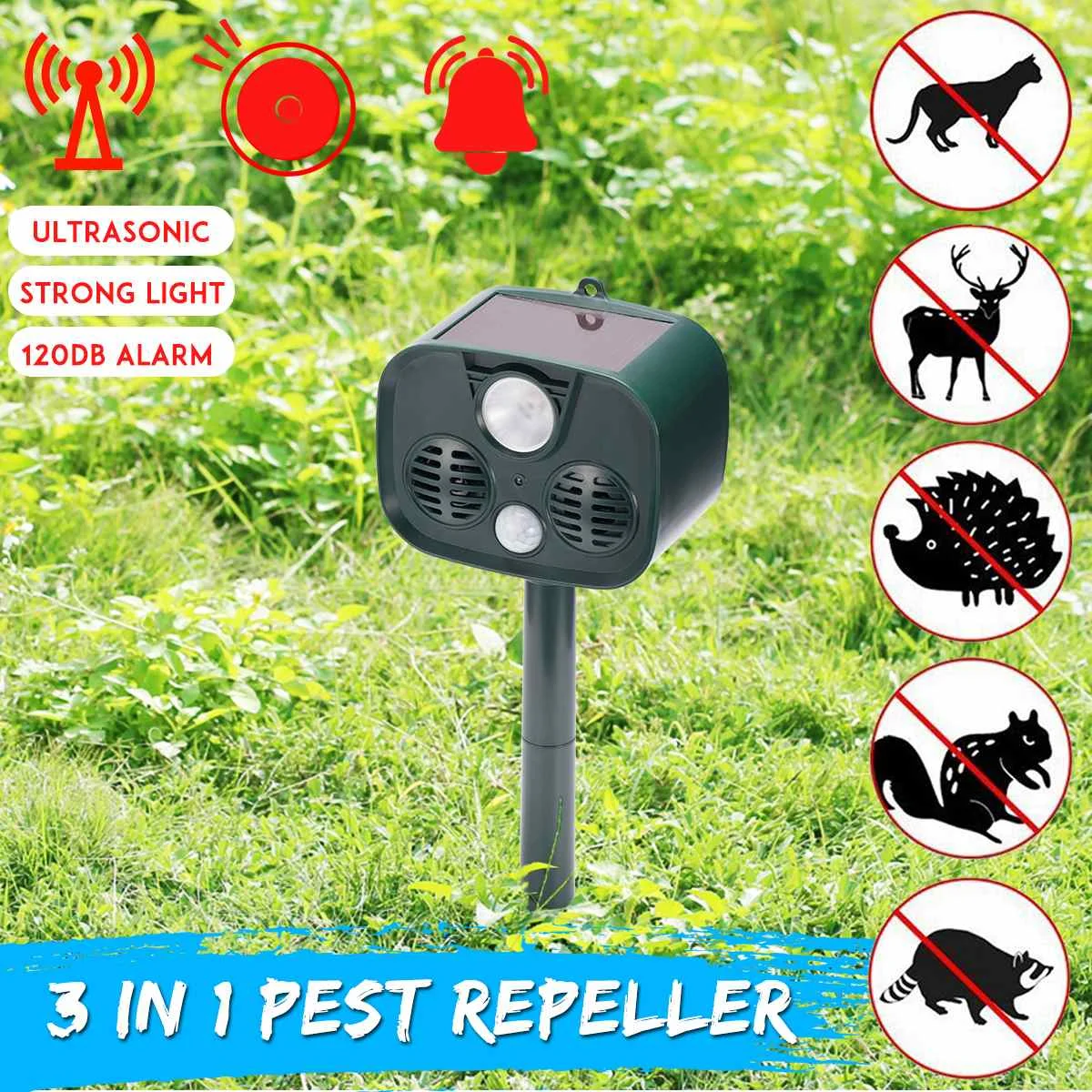 

2018new Solar Ultrasonic bird repeller for garden LED flash Mole ultrasound dog control fo x rodent rats pest animal 120db-alert