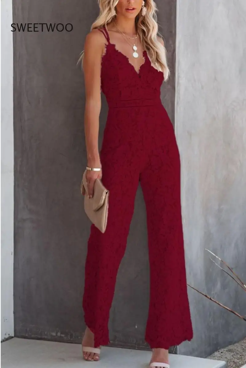 Women V Neck Strap Sexy Jumpsuit Sleeveless Lace Embroidery Playsuits Night Party Clubwear Rompers Bodycon One Piece Overalls