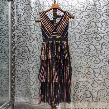 

Sequined Dress 2019 Autumn Winter Sexy Party Club Woman V-Neck Hollow Out Embroidery Colorful Striped Patterns Mid-Calf Dress