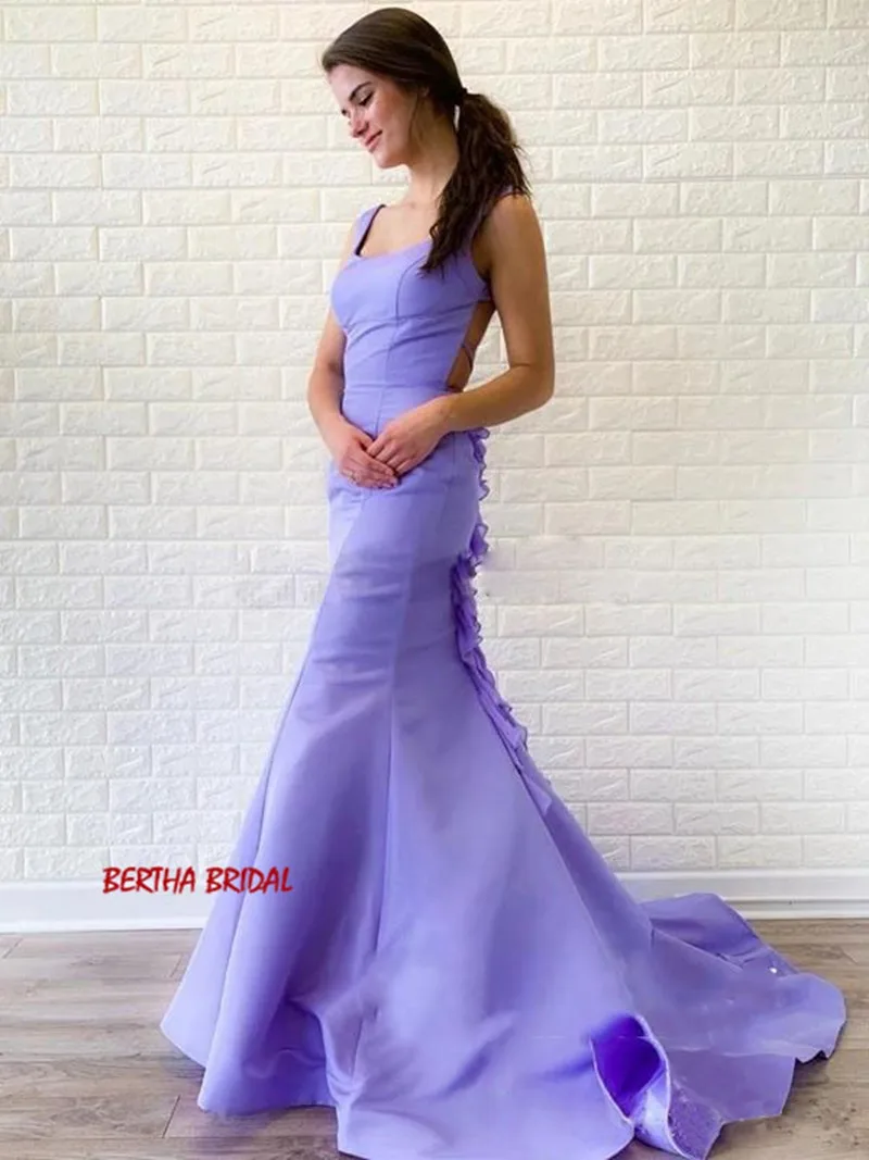 Vestidos De Gala Лавандовые платья для выпускного вечера Русалка Спагетти Кружева обратно формальное платье с оборками Поезд Платья для особых случаев
