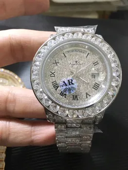 

Luxury Brand New Men Daydate Silver Iced Big Diamonds Rome Dial Automatic Mechanical 904L Stainless Steel Sapphire Watch 44mm