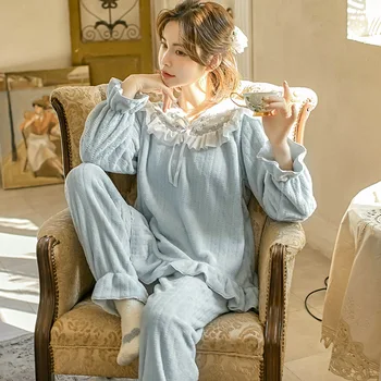 

Korean Two Piece Set Autumn Winter Flannel Pijamas Women Home Clothes Lounge Wear 2020 Long Sleeve Cute Sleepwear Dropshipping