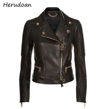 

Herudoan Designer Runway Autumn Winter Fashion Women's Synthetic Leather Motorcycle Jacket