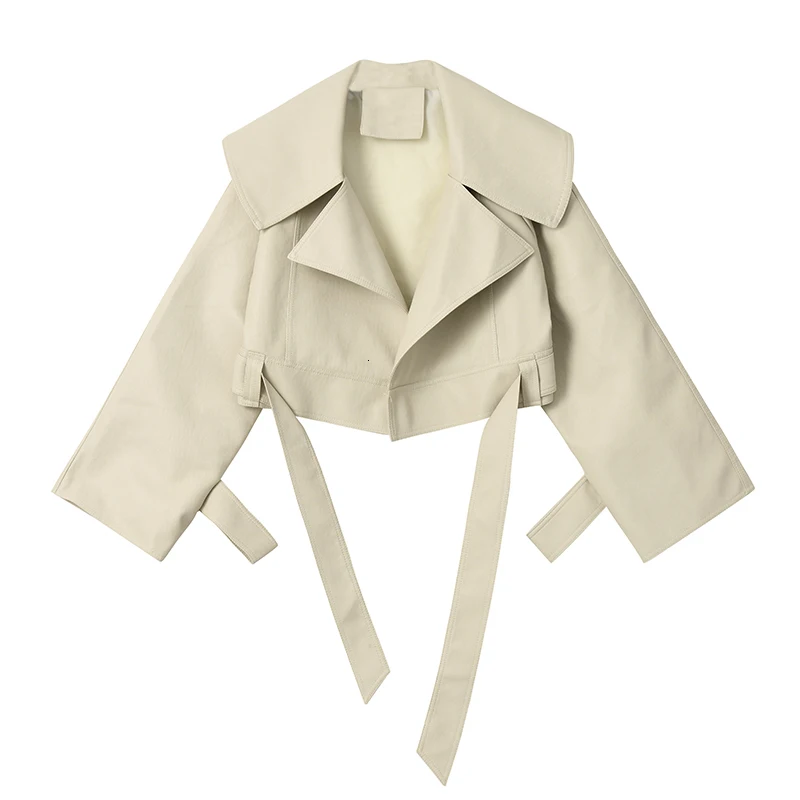 [EAM] короткая куртка свободного кроя из искусственной кожи с поясом, новинка, Женское пальто с отворотом и длинным рукавом, модное осенне-зимнее пальто 1B773 - Цвет: apricot