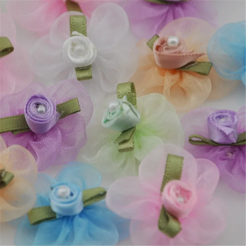 

20pcs U Pick Organza ribbon flower W/pearl wedding/sewing/appliques Lots B037