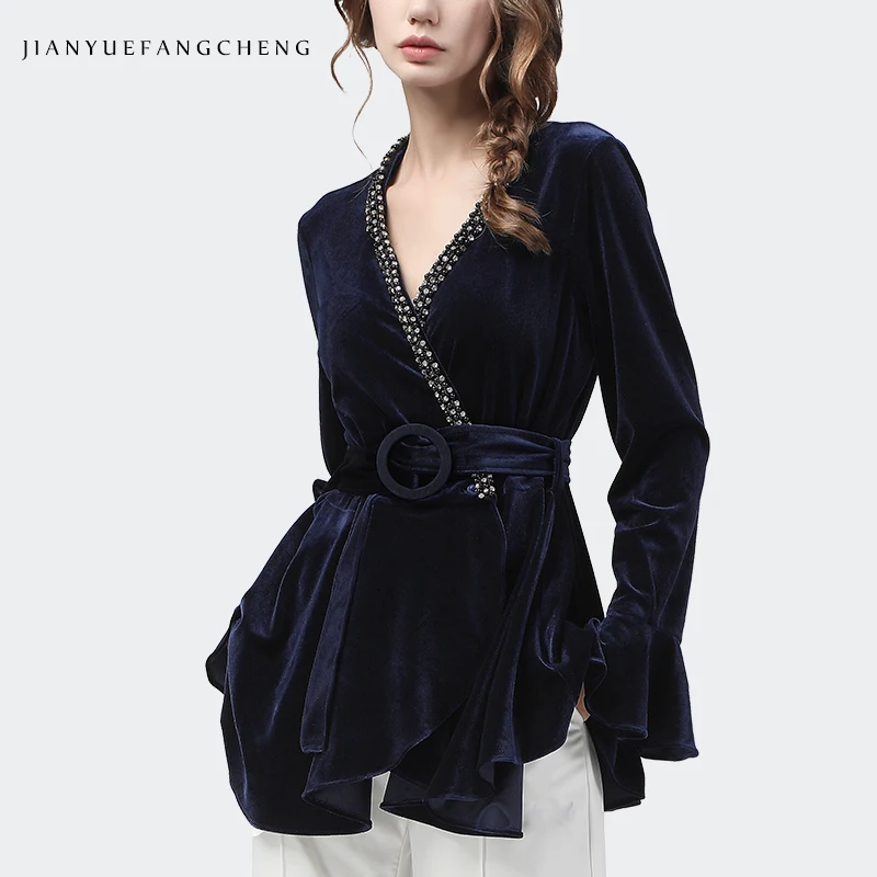 Luxury Diamond-studded V-Neck Velour Blouse Women