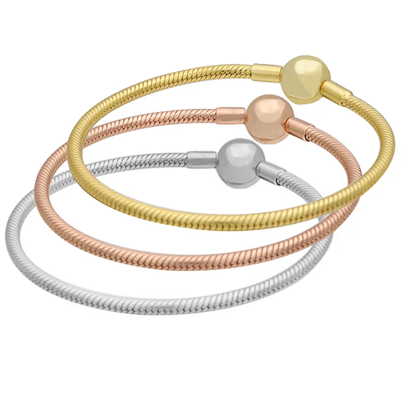 925 пробы серебряный браслет из розового золота с плавными шариками и застежкой в виде змеи браслет подходит для женщин Шарм из бисера Diy ювелирные изделия