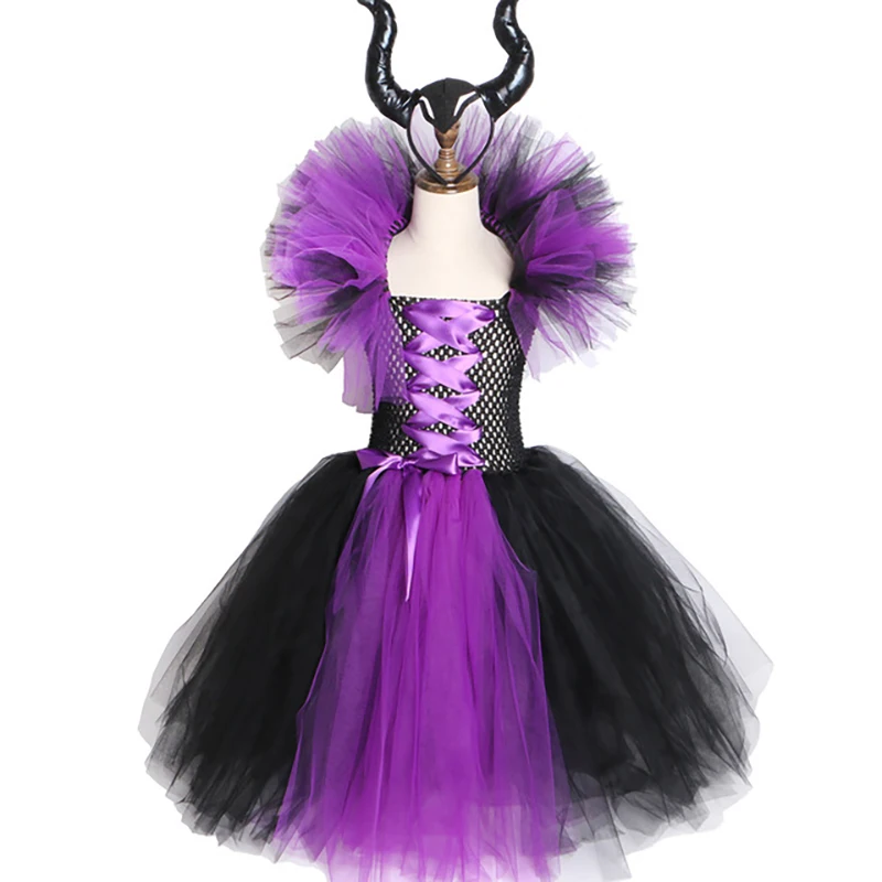 Фиолетовый Maleficent/платье-пачка «злая королева» для девочек с рогами, костюм ведьмы для косплея для девочек, детское праздничное платье, детская одежда - Цвет: Фиолетовый