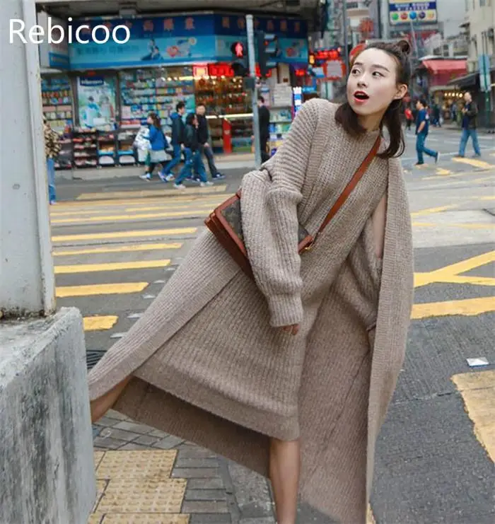 

2019 New High quality winter Women's Casual Long Sleeved Cardigan + Suspenders Sweater Vest Dress Two Piece Dress Suit