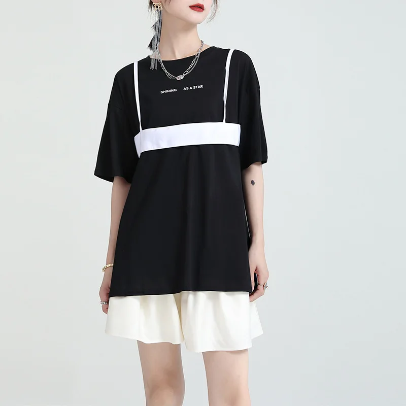 

Short sleeved t-shirt women 2021 new style cotton loose summer blouse Home & outdoor wear two piece strap casual top teep
