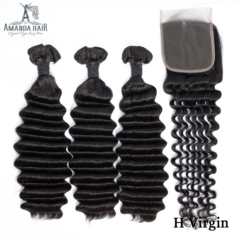 

Amanda Funmi Hair Deep Wave Double Drawn Human Hair Weave Bundles with Closure 100% Unprocessed Brazilian Virgin Hair