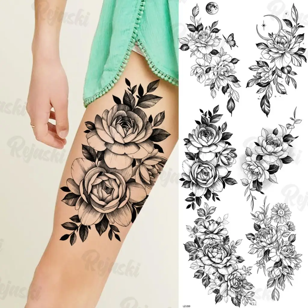 

Black Dahlia Temporary Tattoos For Women Girls Thigh Arm Tatoos Realistic Moon Sun Flower Flora Fake Tattoo Sticker Waterproof