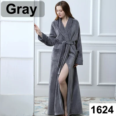 Women Grey Очень длинный, размера плюс, зимний, толстый, теплый, фланелевый, коралловый флис, вафельный, кимоно, халат для мужчин и женщин, роскошный халат, мужской банный Халат - Цвет: Women Grey