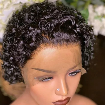 Miss Rola Pixie Curly Short Wigs Lace Part Curly Human Hair Wigs Remy T Middle Part Hair Wigs Pre Plucked 150% Density