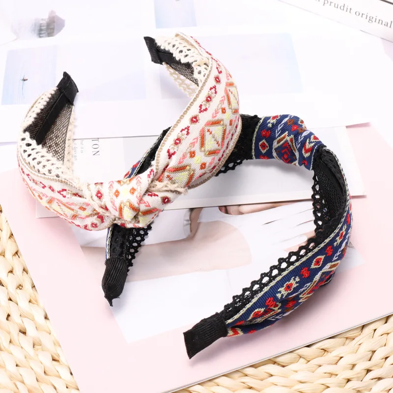 South Korea Dongdaemun Import Celebrity Style High Quality National Wind Embroidered Fabric Hipster Hair Bands Knot Pressure Hea