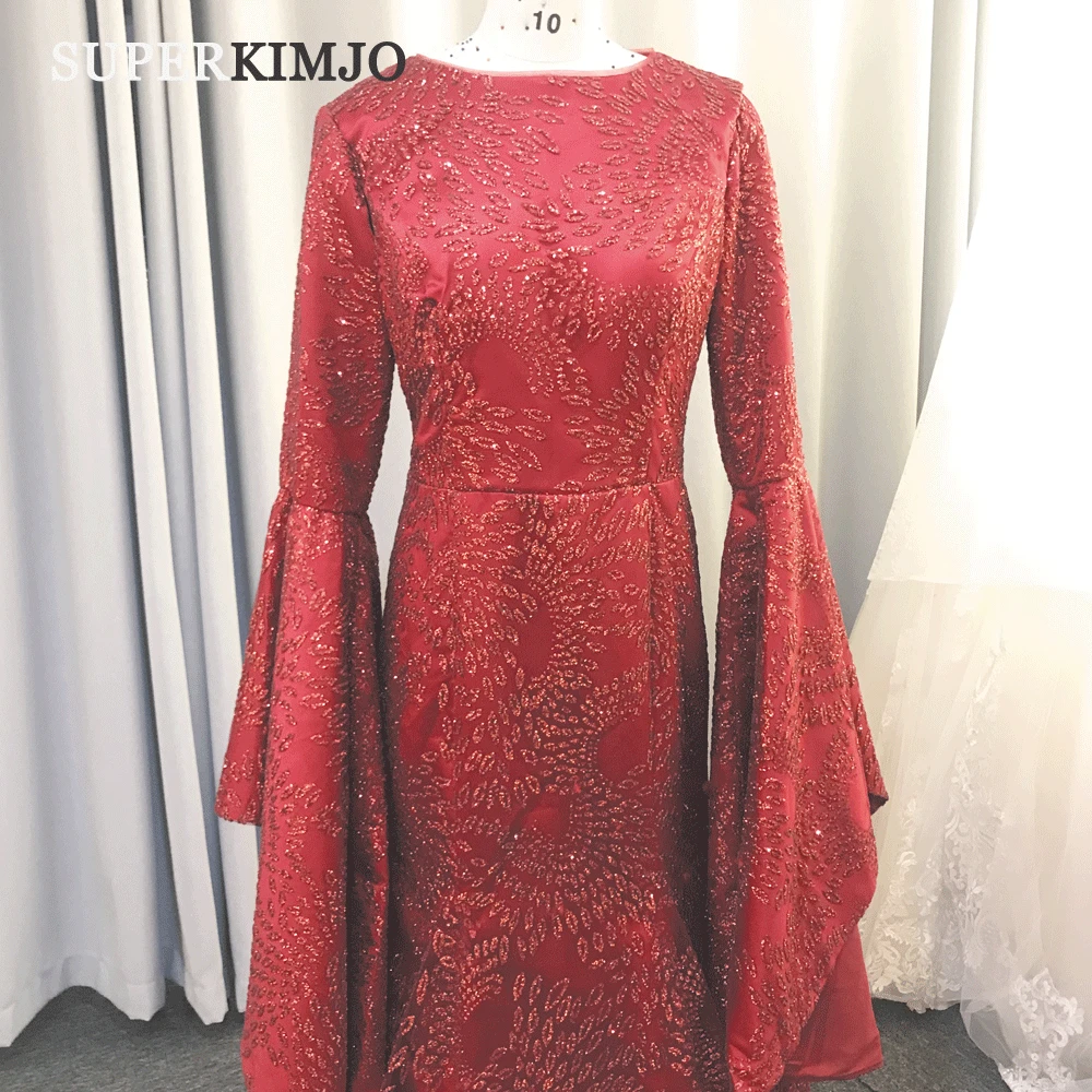 SuperKimJo бордовые Вечерние Платья Vestidos De Fiesta De Noche с расклешенными рукавами элегантное блестящее вечернее платье Robe De Soiree