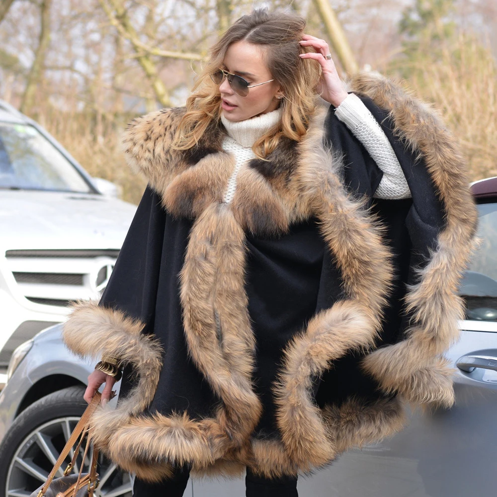 Женские пальто из натурального меха, новые зимние кашемировые накидки из цельной кожи с воротником из меха енота и собаки, модные пончо из смешанной шерсти