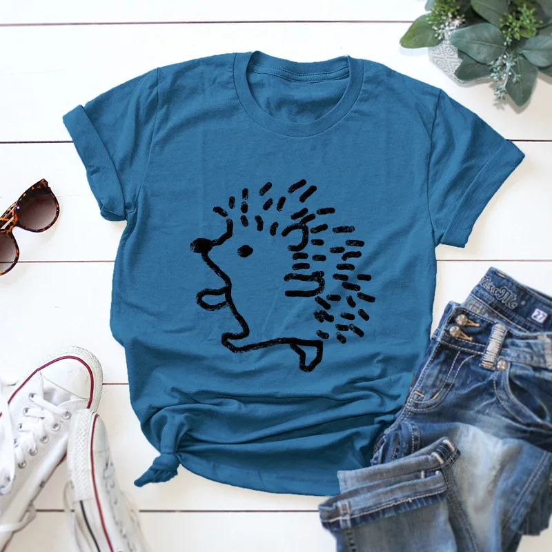 Cute Hedgehog Printed Cotton Women T-Shirt