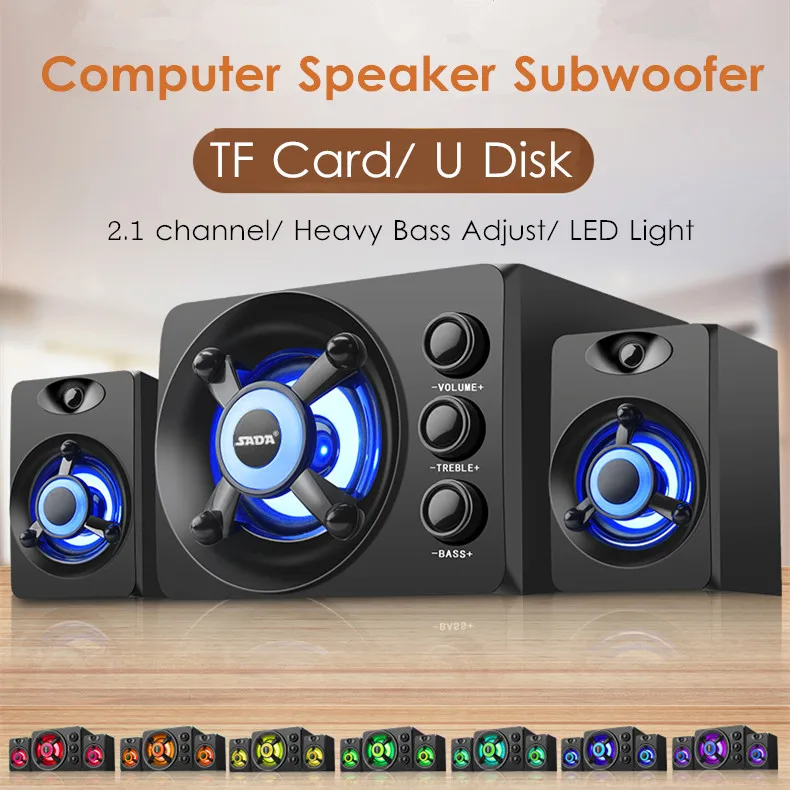 LED Light 2.1 Desktop Computer Speaker Heavy Bass Subwoofer Home Combination Speaker USB Power Supply For PC Laptop Cellphone