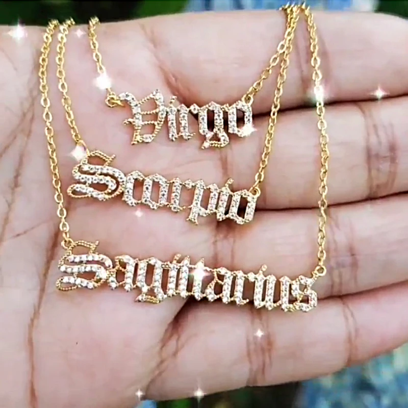 Collar del zodiaco de circón para mujer, 12 Constelaciones de cristal, joyería con letras inglesas, cadena de oro, Gargantilla, bisutería femenina