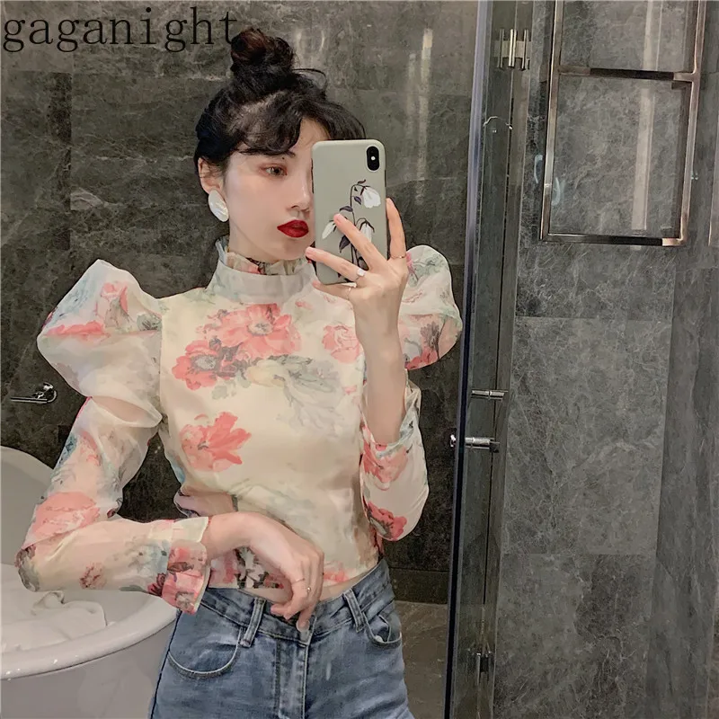 Gaganight винтажная Цветочная шифоновая блузка для женщин с пышными длинными рукавами и стоячим воротником, женская рубашка с оборками, шикарные блузки, Короткие блузы, Новинка
