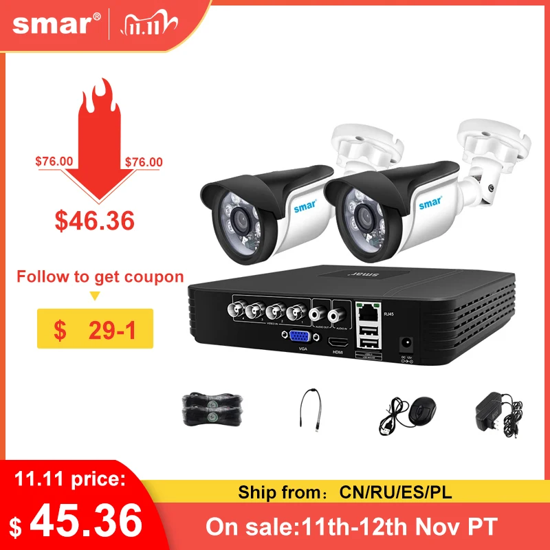 Smar 4CH 1080N 5in1 AHD DVR Kit CCTV System 2pcs 720P-1080P AHD Waterproof-Bullet Camera Security Su