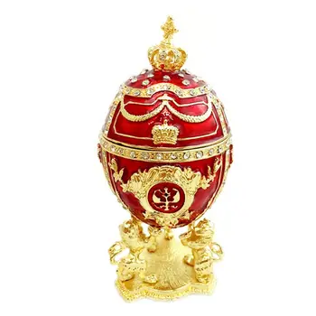 

Red Gold Crown Faberge-Egg Series Hand Painted Jewelry Trinket Box Unique Gift for Easter Home Decor Collectible