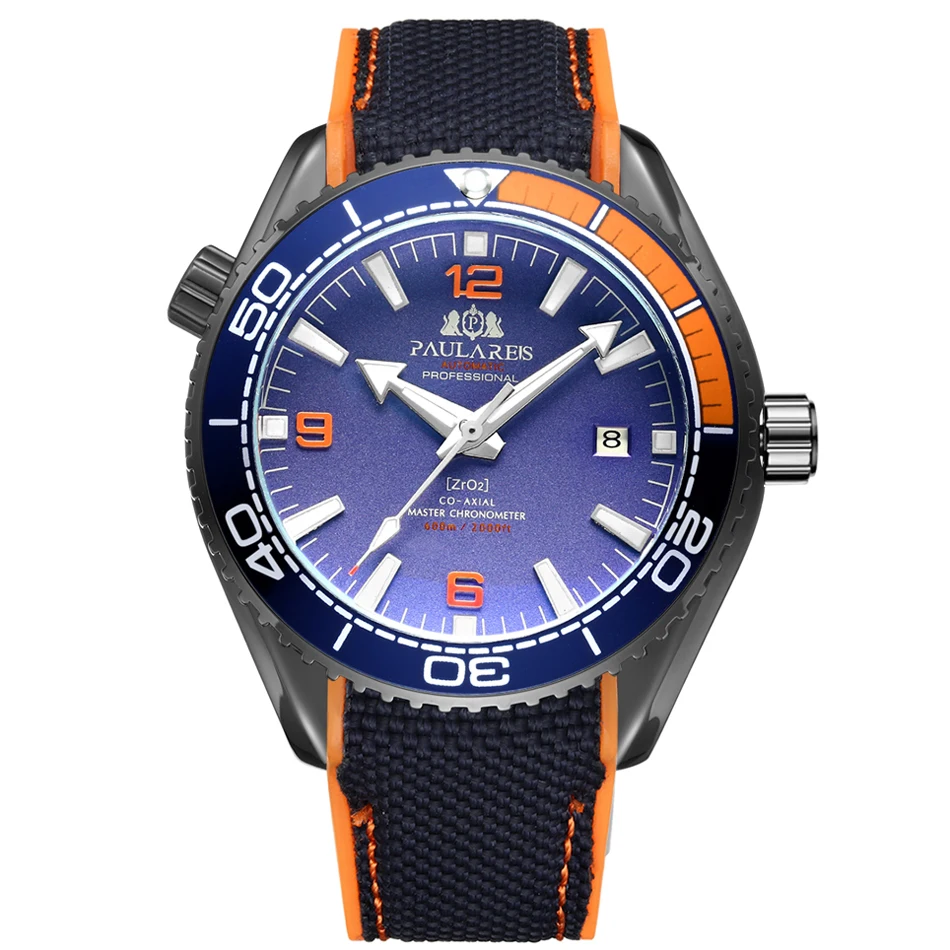 Мужские автоматические механические холщовые часы с резиновым ремешком James Bond 007, стильные оранжевые, синие, красные классические часы с вращающейся рамкой - Цвет: Black Orange Blue